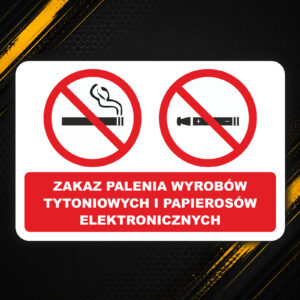 Pozioma naklejka zakaz palenia tytoniu i e-papierosów. Znak przekreślonych papierosów.