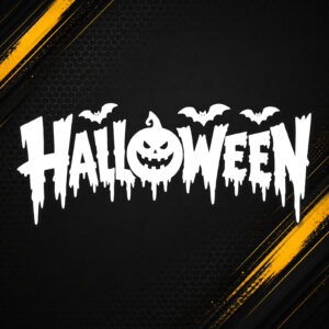 Naklejka napis HALLOWEEN z dynią i nietoperzami