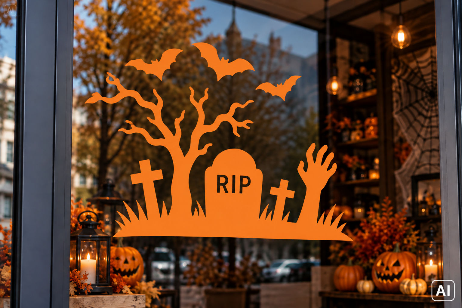 Naklejka Halloween cmentarz z nagrobkiem i nietoperzami – wizualizacja AI