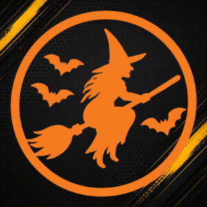 Naklejka Halloween czarownica na miotle z nietoperzami – kolor do wyboru