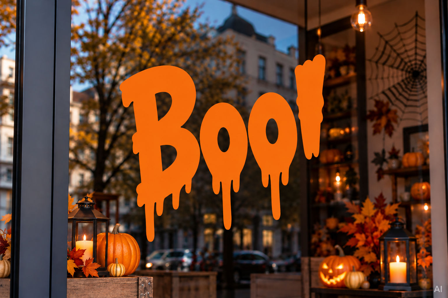 Naklejka Halloween napis BOO! na szybę i witrynę – wizualizacja