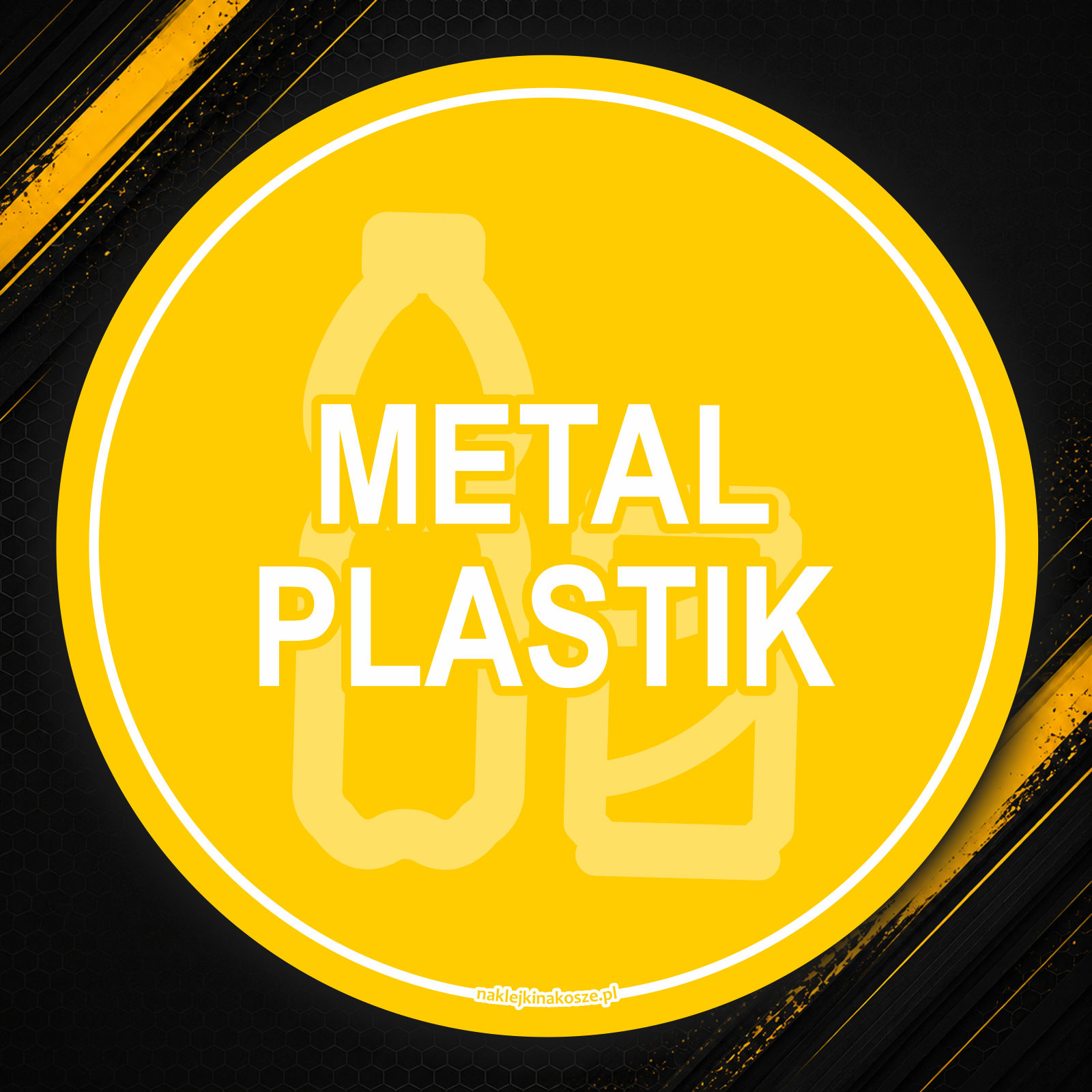 Duża, okrągła naklejka na kosz do segregacji metalu i plastiku