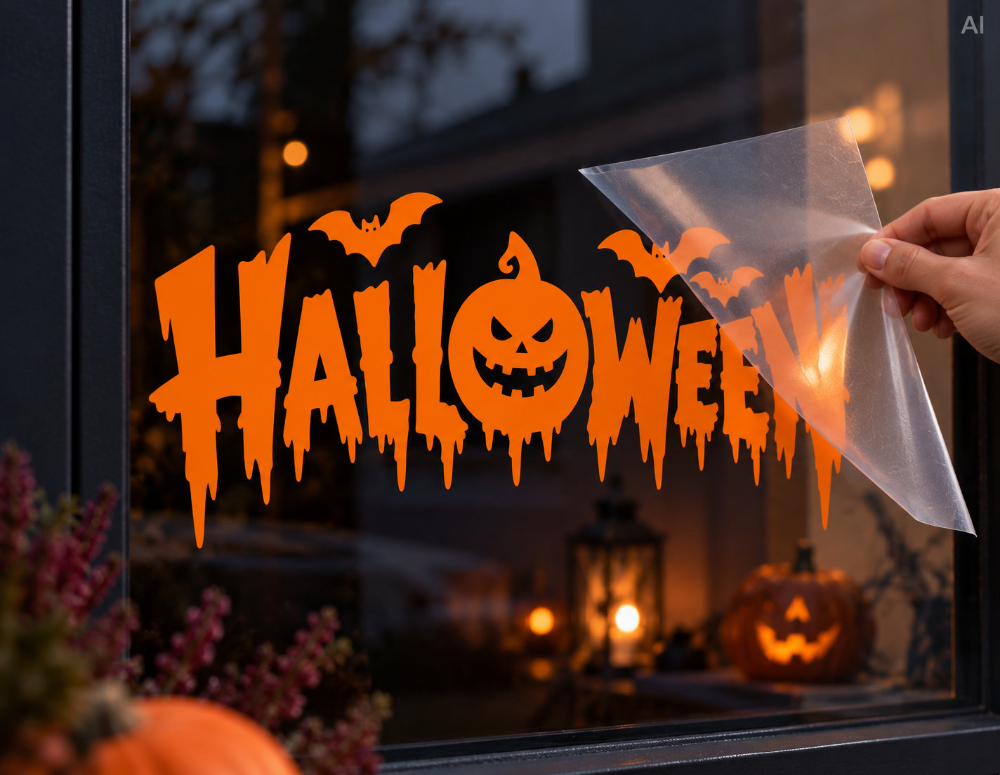 Pomarańczowa naklejka HALLOWEEN naklejana na szybie z pomocą folii transportowej