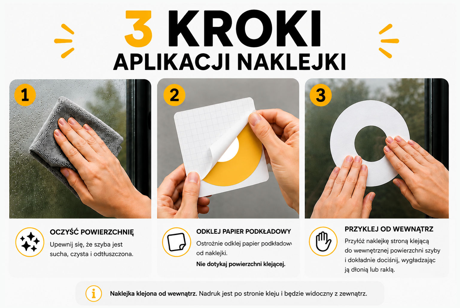 Instrukcja aplikacji naklejki w trzech krokach