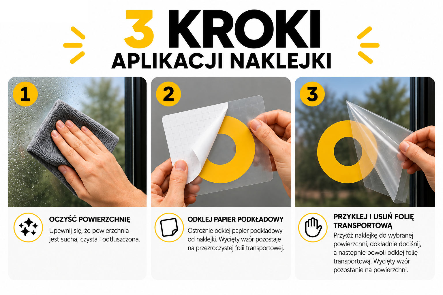 Instrukcja skrócona aplikacji naklejek wycinanych ploterowo Instrukcja skrócona aplikacji naklejek wycinanych ploterowo
